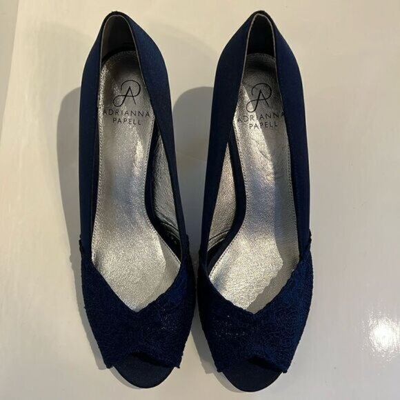 Adrianna Papell Navy Blue Satin Peep Toe Kitten Heel Shoes Size 9.5W - Picture 4 of 11